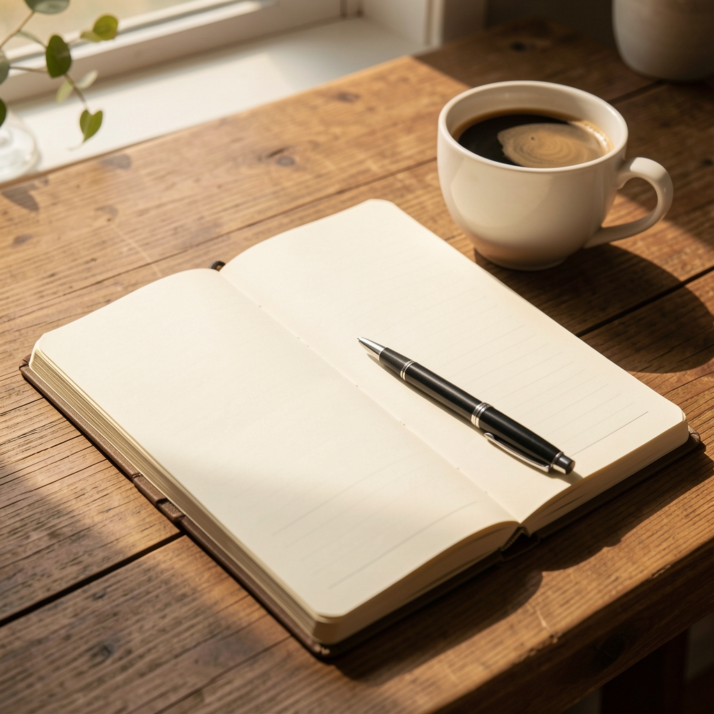 Notebook open on a wooden desk beside a cup of coffee in warm morning daylight, pen resting on the open page