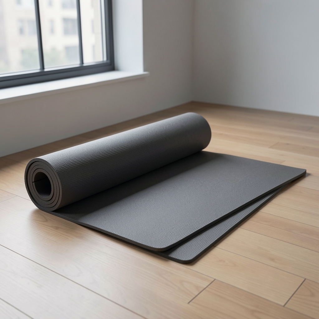 A training mat rolled out on a clean wooden floor near a window with soft grey morning light