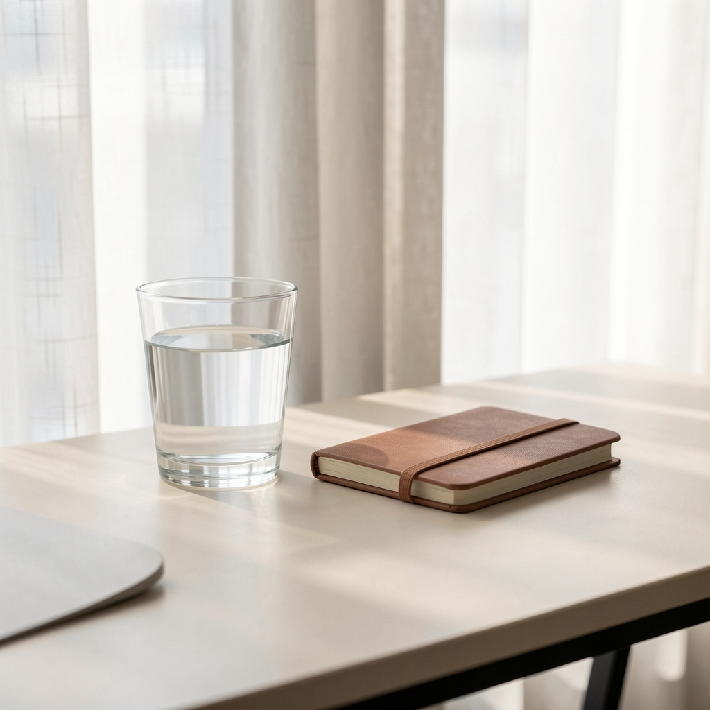 A glass of water and a small exercise journal on a minimalist desk, daylight through curtains