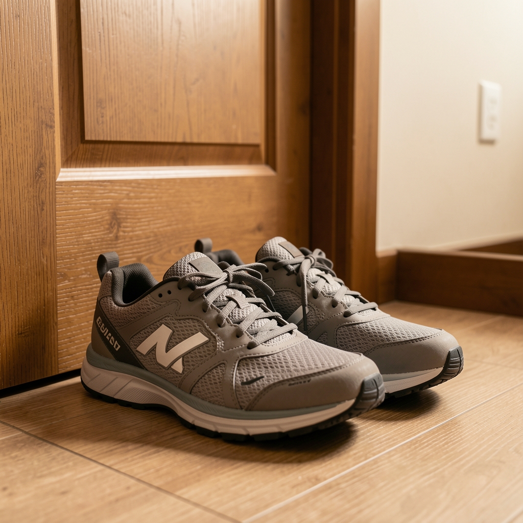 Comfortable training shoes placed neatly beside a door, neutral background, warm indoor lighting