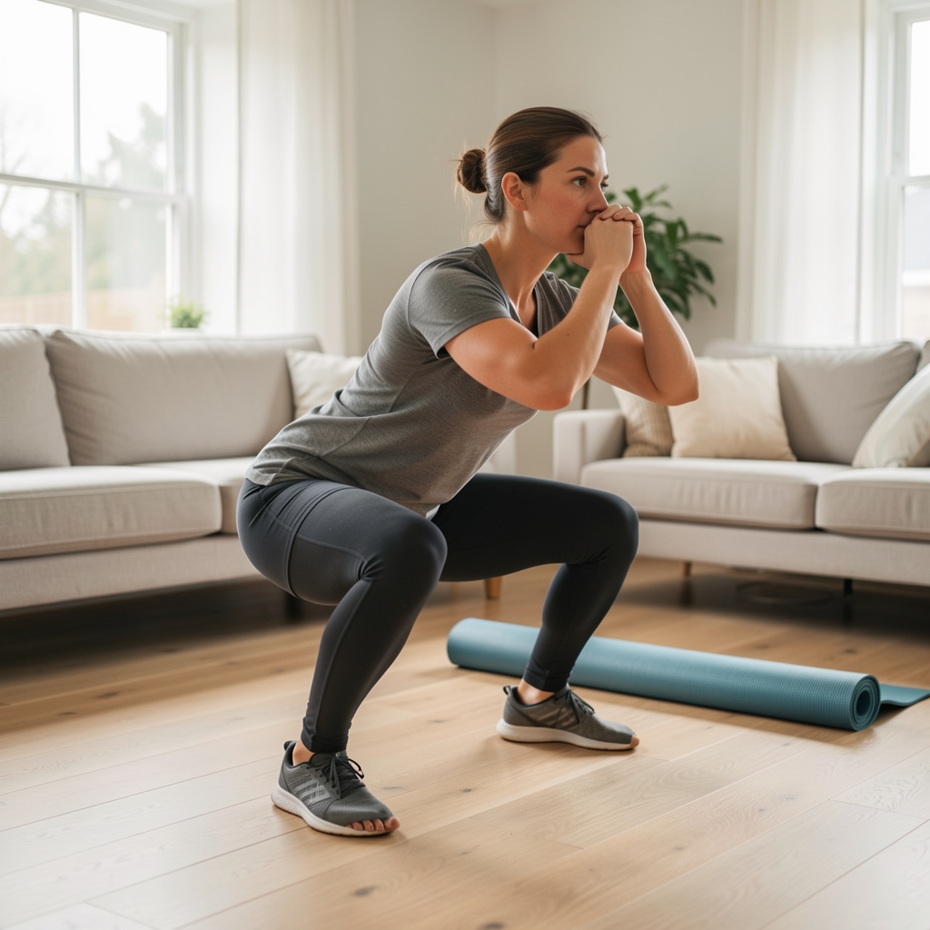 Person performing a bodyweight squat on a wooden floor in a bright, naturally lit living room with a yoga mat nearby