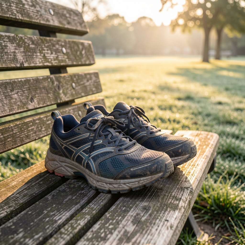 A pair of well-worn running shoes on a park bench at dawn, dew on the grass visible in the background, soft golden light