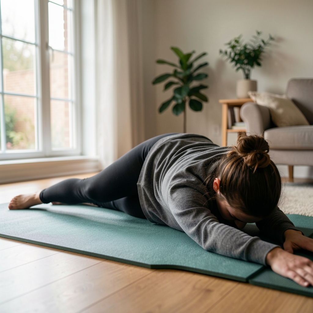 Close-up of a person stretching on a foam mat in a quiet home environment, natural daylight coming through large windows