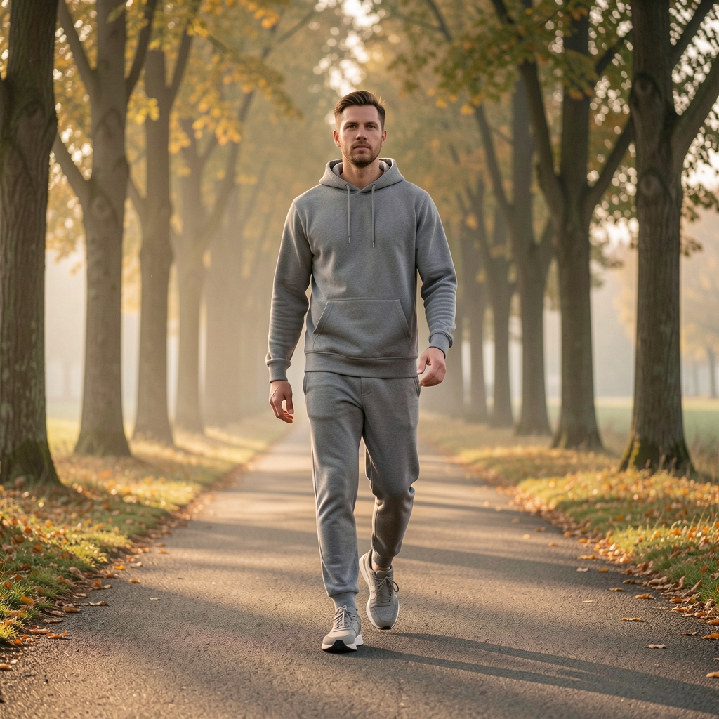 Person walking along a quiet tree-lined path in early morning light, wearing comfortable trainers and casual sportswear